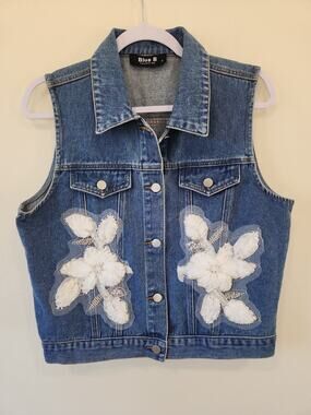 Blue B. Collection Denim Embellished Vest Small Beaded Floral Romantic Paisley